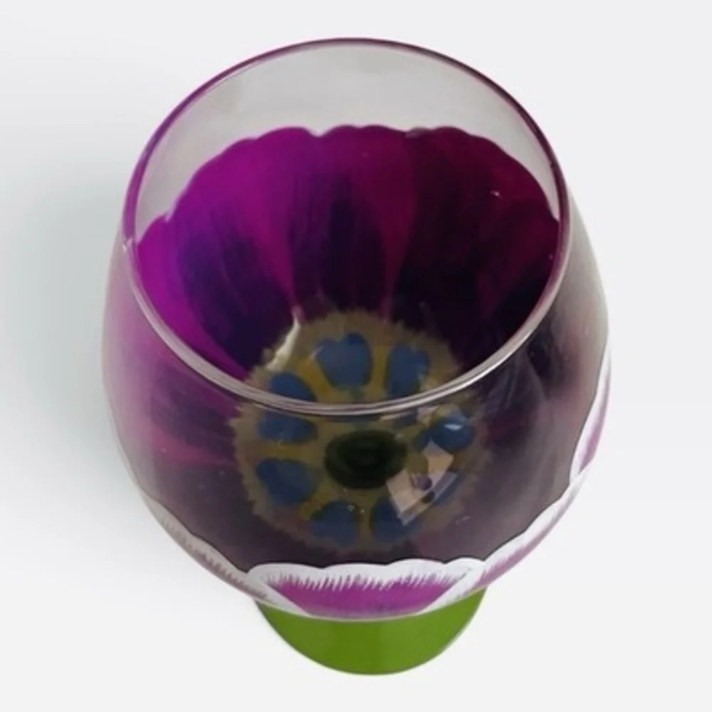 Pier 1 Imports Hand Painted Purple Tulip Wine Glass Green Stem Hand Blown EXC